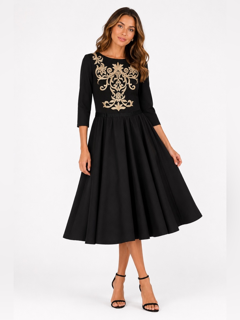 Ted Baker Black Gold Embroidered Fit & Flare Midi Dress XS S Women Formal Party